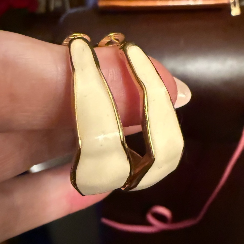 Signed Vintage Goldette Cream Enamel Gold Tone Pierced Clip Earrings